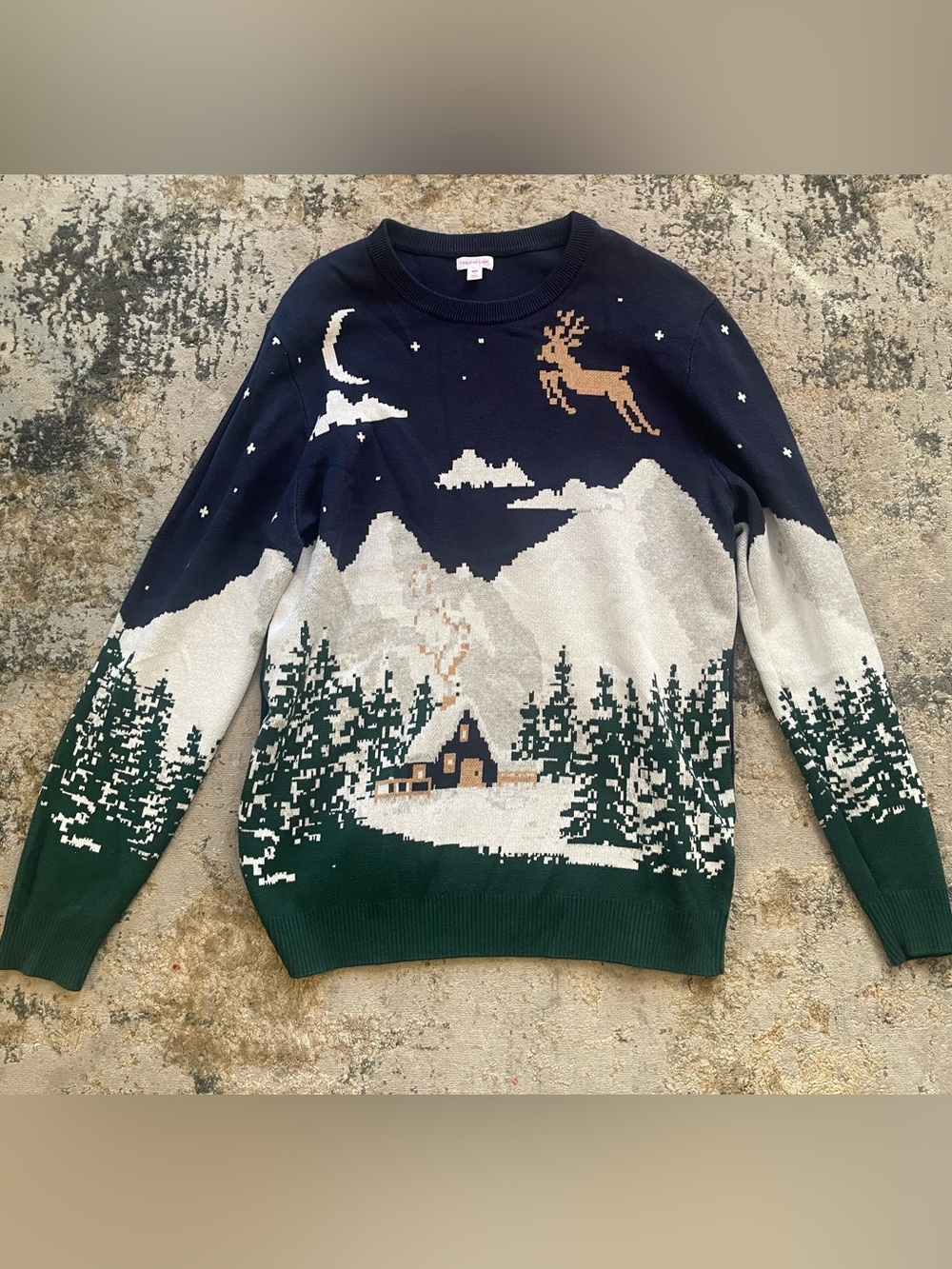 Men’s Holiday Lane Snowy Landscape Reindeer Christmas Crewneck Sweater- Size L